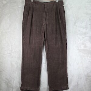 Geoffrey Beene Pants Mens 38x30 Brown Corduroy Pleated Trousers Cuffed Casual